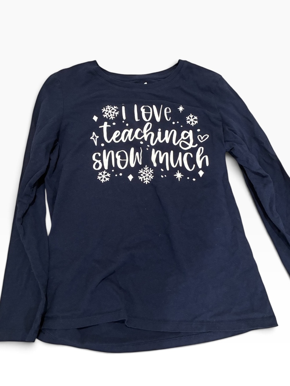 Hanes Navy Blue Long Sleeve Shirt with White 'I Love Teaching Snow Much' Graphic